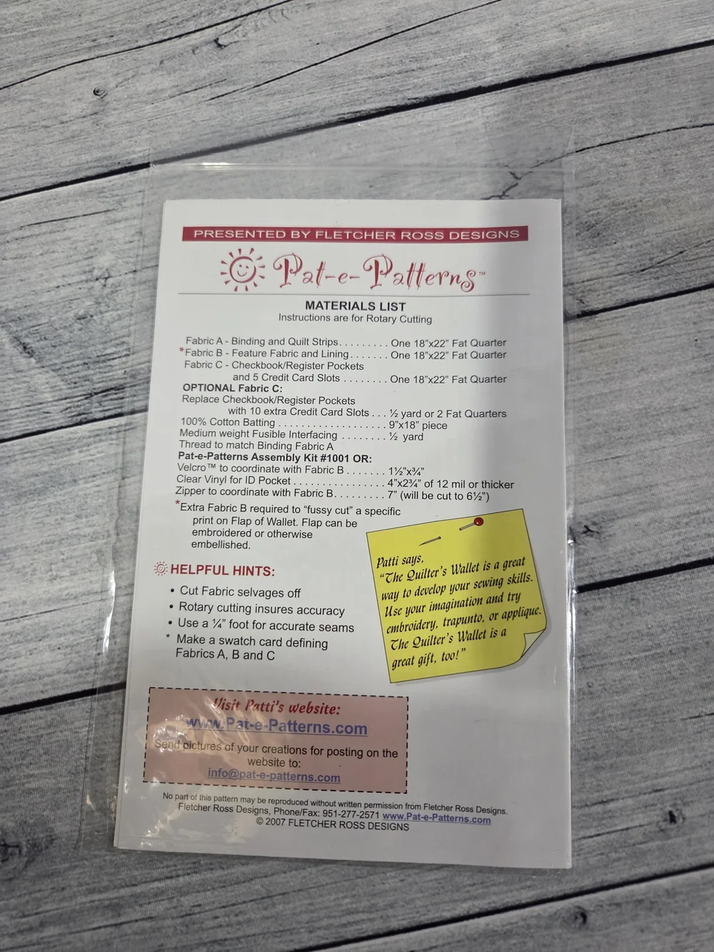 Pat-e-Patterns Sewing Pattern Quilter's Wallet with Assembly Kit